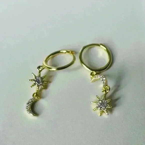 14K Gold & Sterling Silver Stars & Moon Earrings - Picture 5 of 5